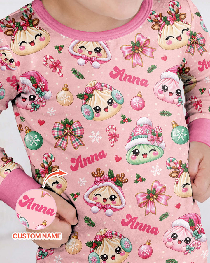 Custom Name Kawaii Christmas Dumpling Bamboo Two Piece Long Sleeve Pajama Set