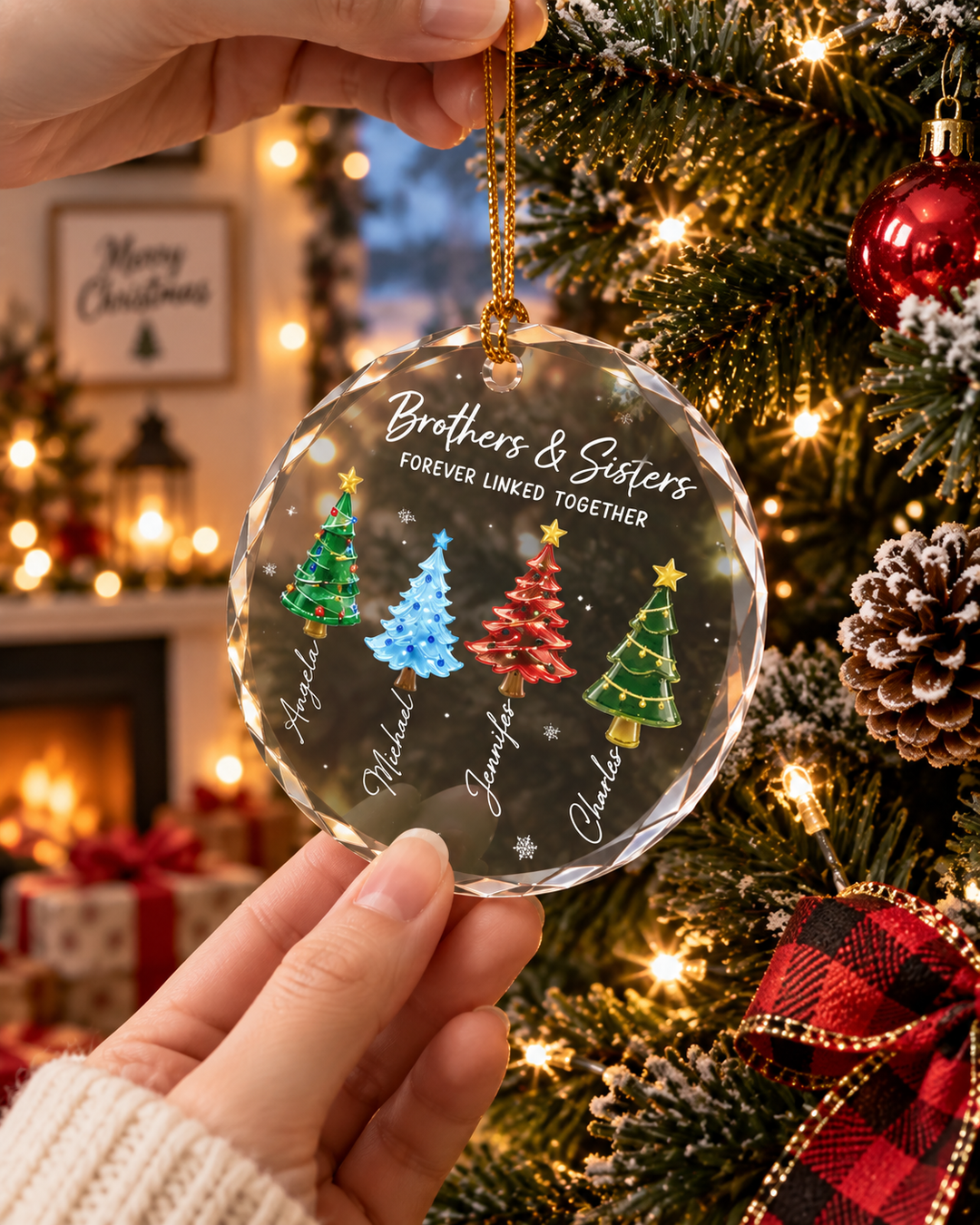 Merry Sibling Trees Glass Ornament
