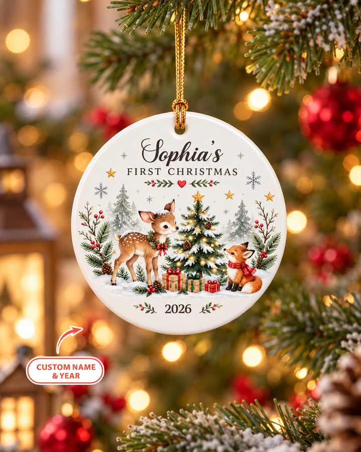 Custom Christmas Woodland First Christmas Ceramic Ornament