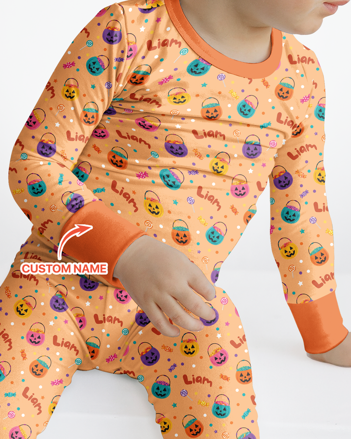 Custom Colorful Trick Or Treat Halloween Candy Bag Bamboo Two Piece Long Sleeve Pajama Set