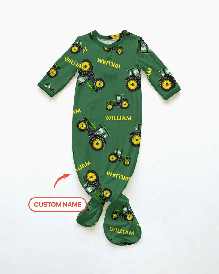 Custom Name Green Tractors Matching Daddy & Me Bamboo Knot Gown