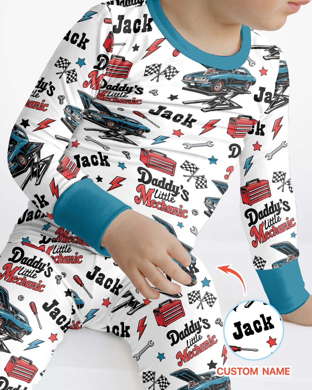Custom Name Daddy's Little Mechanic Bamboo Two Piece Long Sleeve Pajama Set