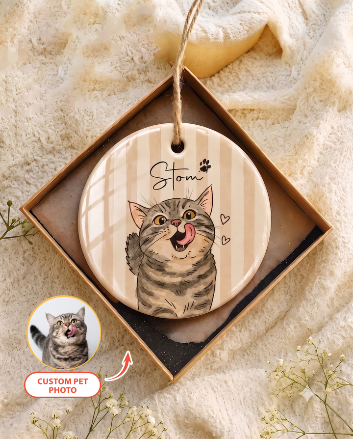 Custom Watercolor Pet Photo Christmas Stripe Ceramic Ornament