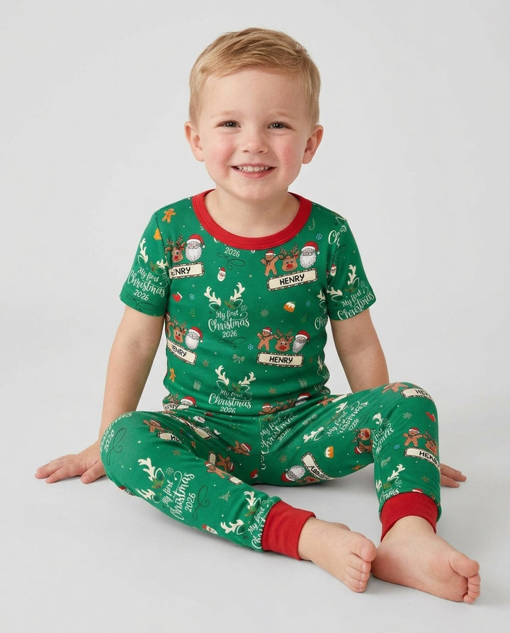 Custom Name Merry Christmas My Deer 2026 Bamboo Two Piece Short Sleeve Pajama Set