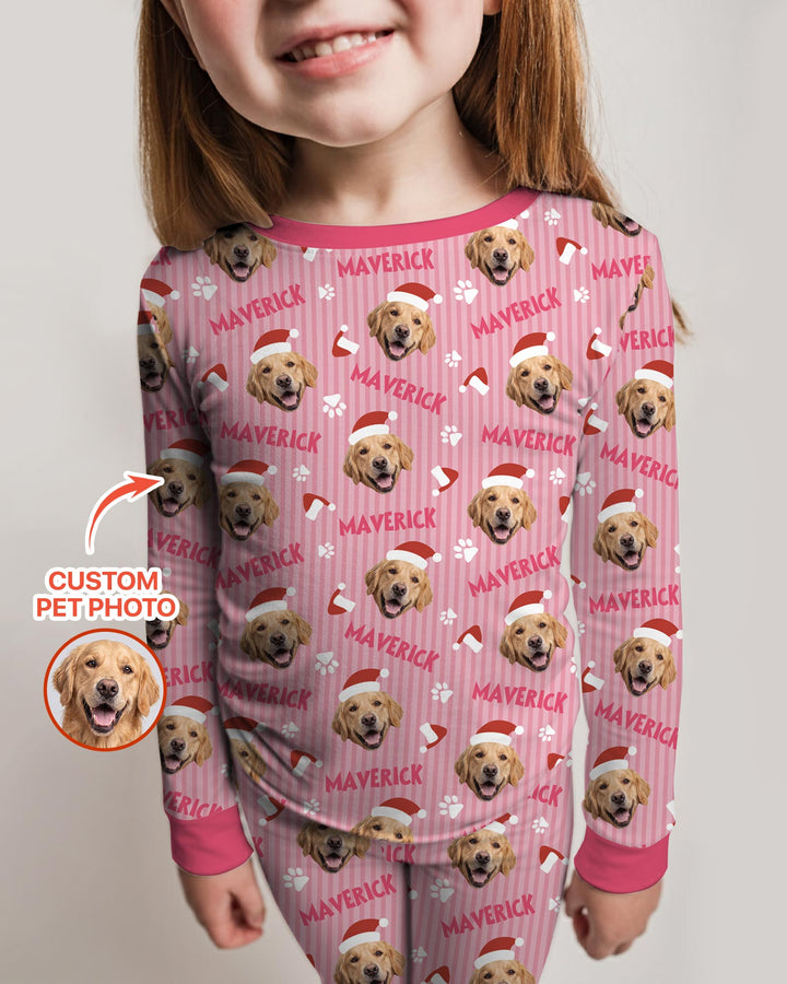 Custom Pet Photo Christmas Paws Stripe Bamboo Two Piece Long Sleeve Pajama Set
