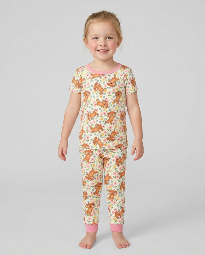 Dachshund Blooms Family Matching Bamboo Two Piece Short Sleeve Pajama Set