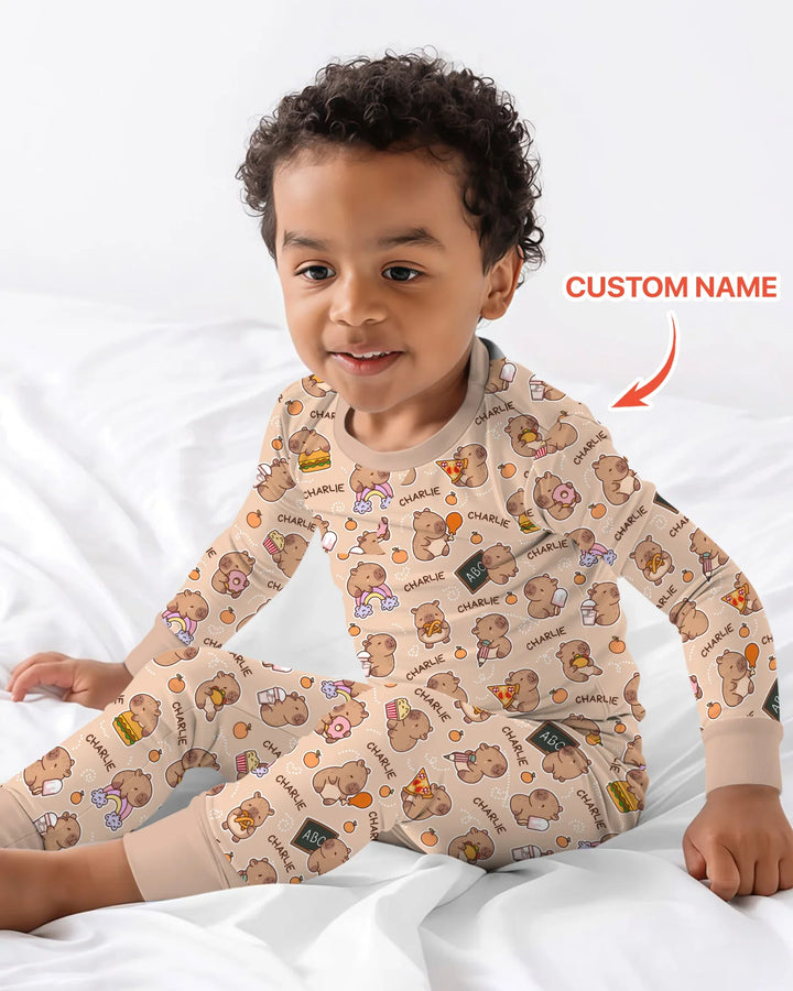 Custom Name Cute Capybara Bamboo Two Piece Long Sleeve Pajama Set