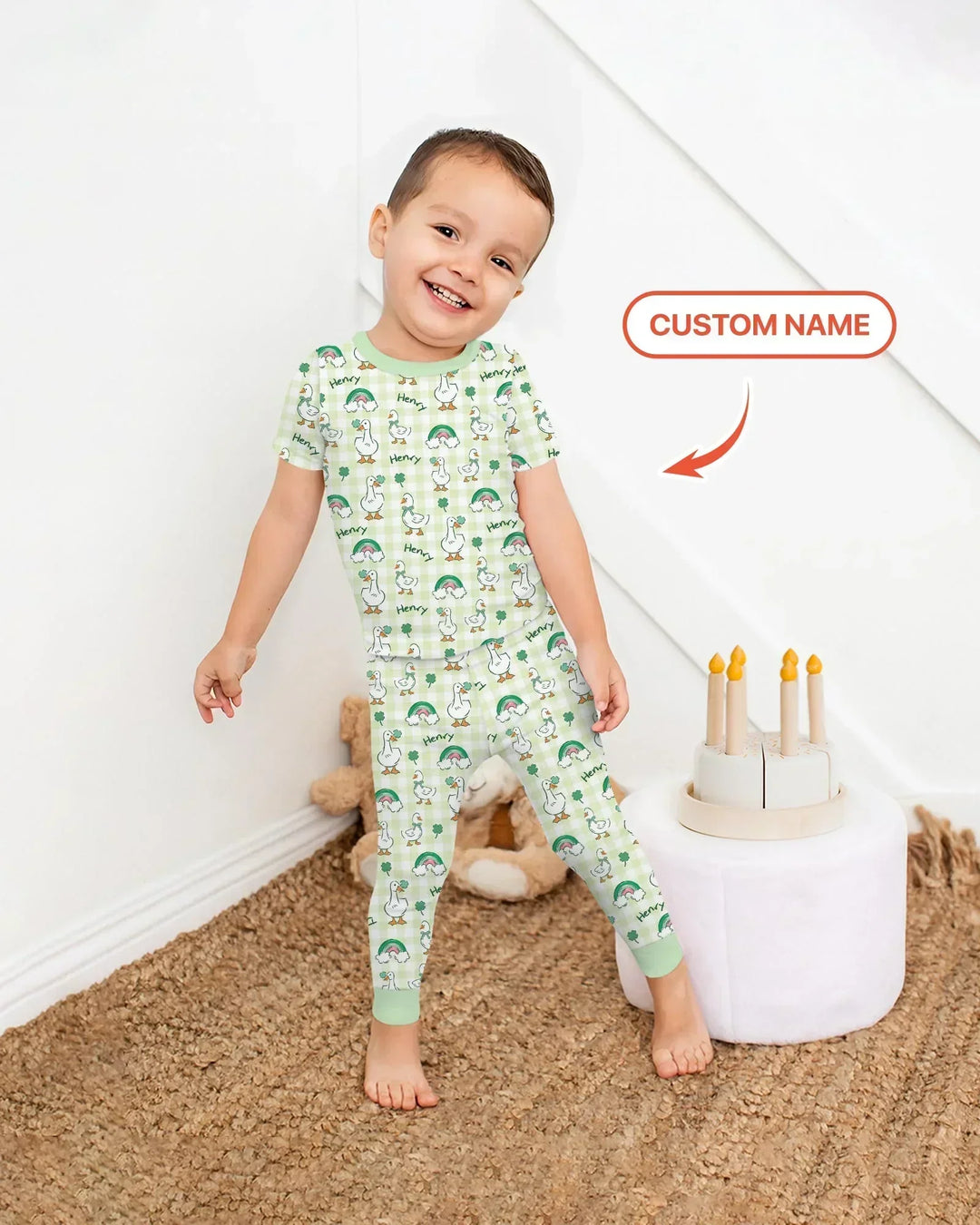 Custom Name Lucky Ducks Bamboo Two Piece Short Sleeve Pajama Set
