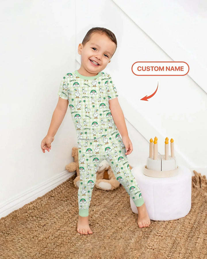 Custom Name Lucky Ducks Bamboo Two Piece Short Sleeve Pajama Set