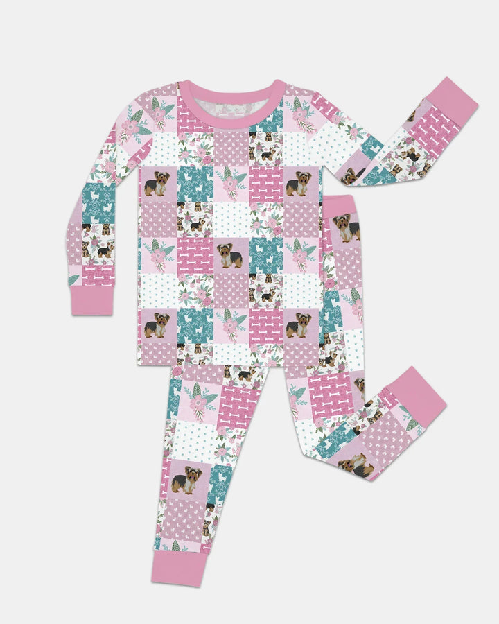 Floral Yorkie Grace Bamboo Two Piece Long Sleeve Pajama Set