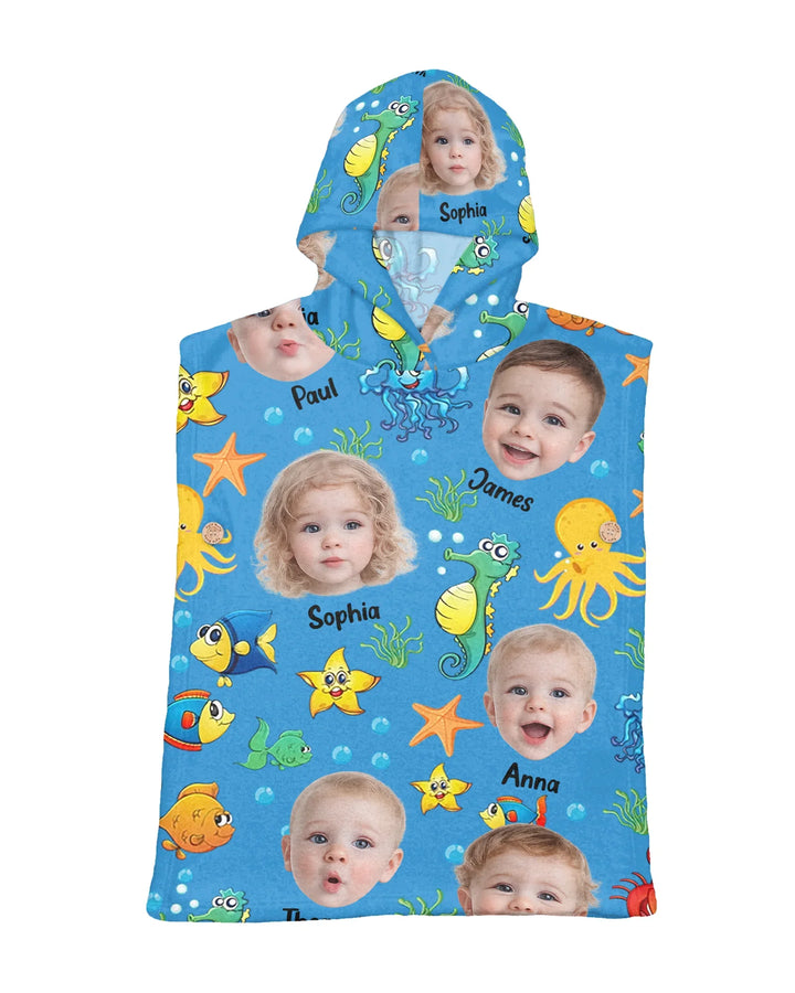 Custom Photo Cute Kid Face Watercolor Sea Creatures Summery Bamboo Swim Poncho
