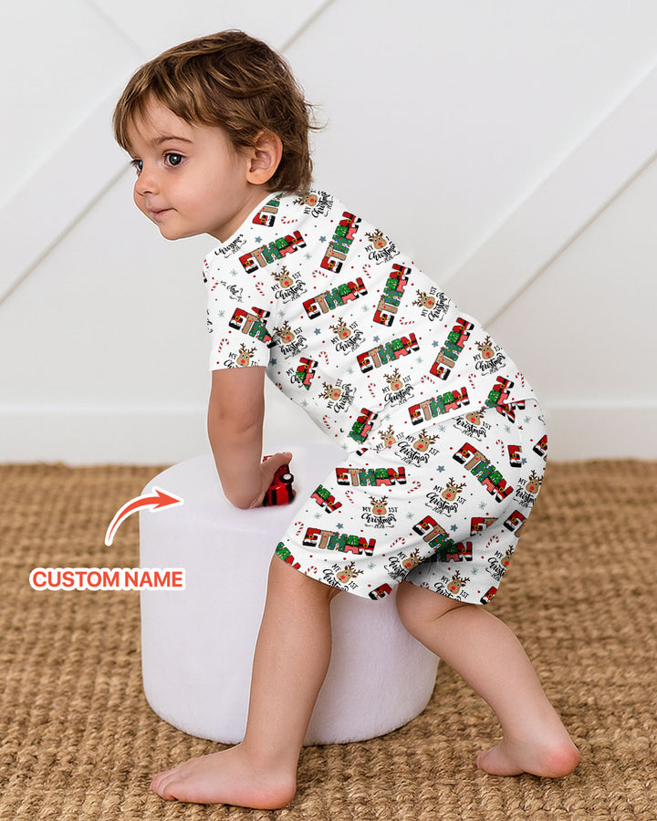Custom Name My First Christmas 2026 Bamboo Two Piece Short Sleeve Shorts Pajama Set (G)