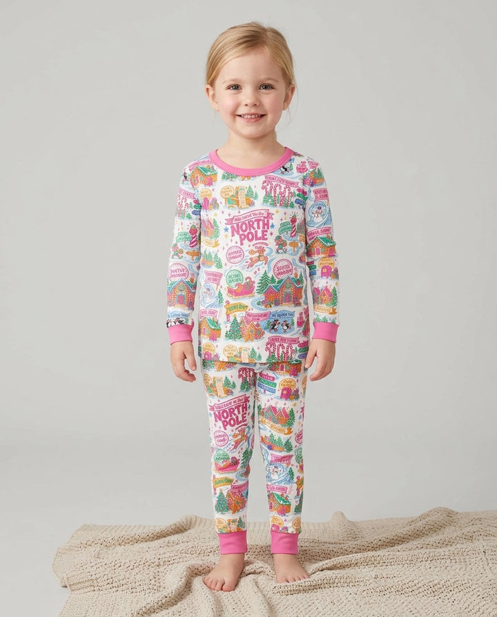 Welcome To North Pole Village Pink Christmas Bamboo Two Piece Long Sleeve Pajama Set