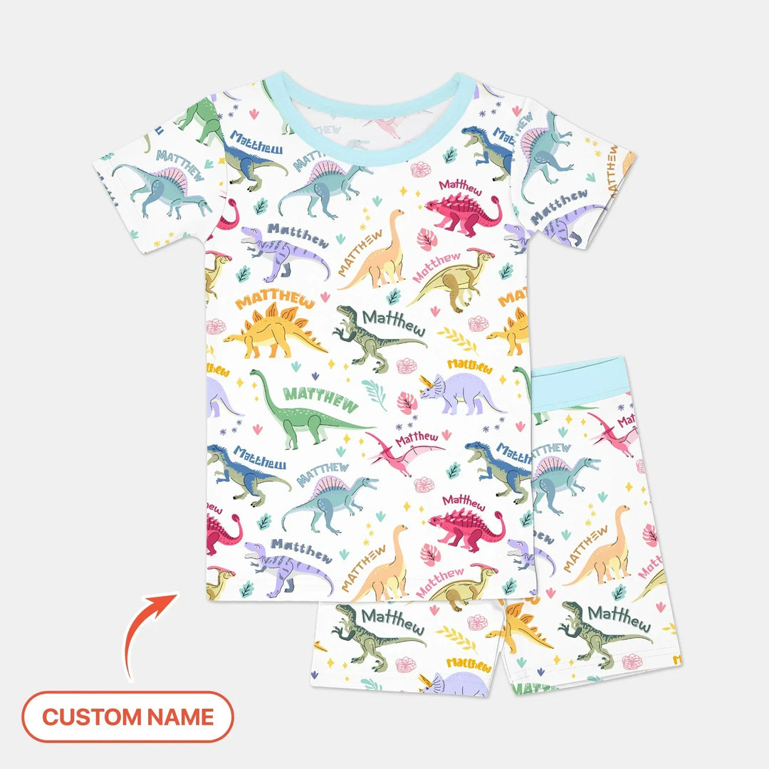 Dino Roar Custom Name Bamboo Two Piece Short Sleeve Shorts Pajama Set
