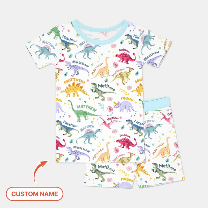 Dino Roar Custom Name Bamboo Two Piece Short Sleeve Shorts Pajama Set