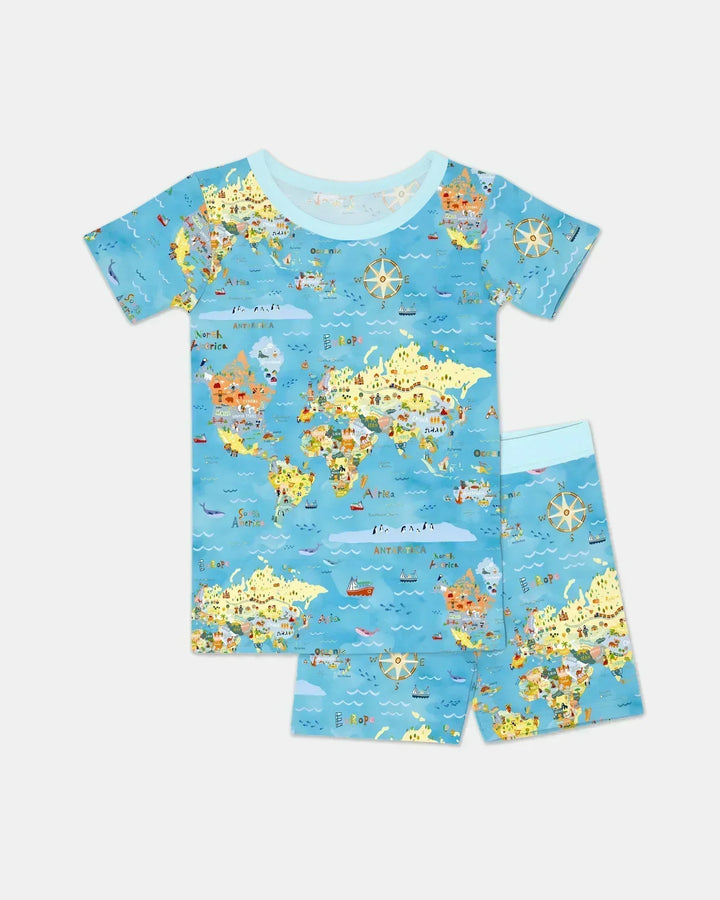 Whimsical World Map Family Matching Bamboo Two Piece Short Sleeve Shorts Pajama Set