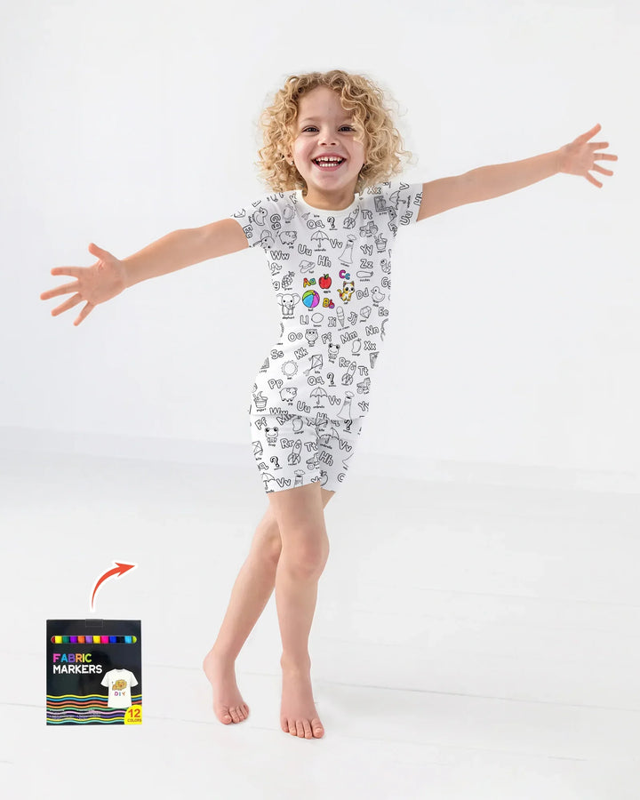 All Colorable Alphabet Bamboo Two Piece Short Sleeve Shorts Pajama Set