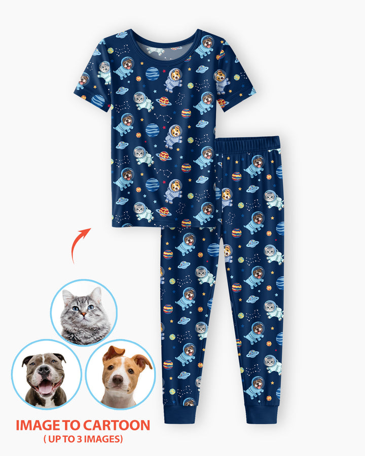 Astronaut Custom Pet Image Family Matching Bamboo Two Piece Short Sleeve Pajama Set