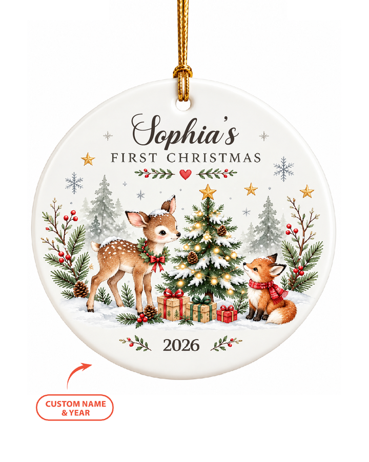 Custom Christmas Woodland First Christmas Ceramic Ornament