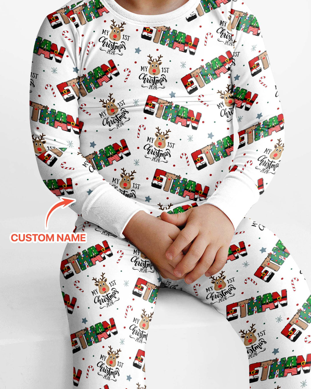 Custom Name My First Christmas 2026 Bamboo Two Piece Long Sleeve Pajama Set (G)