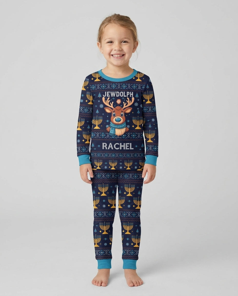 Custom Name Jewdolph Hanukkah Bamboo Two Piece Long Sleeve Pajama Set