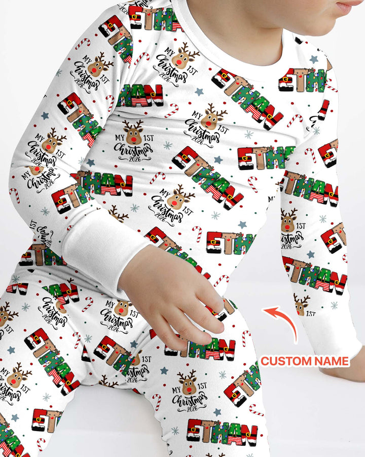 Custom Name My First Christmas 2026 Bamboo Two Piece Long Sleeve Pajama Set (G)
