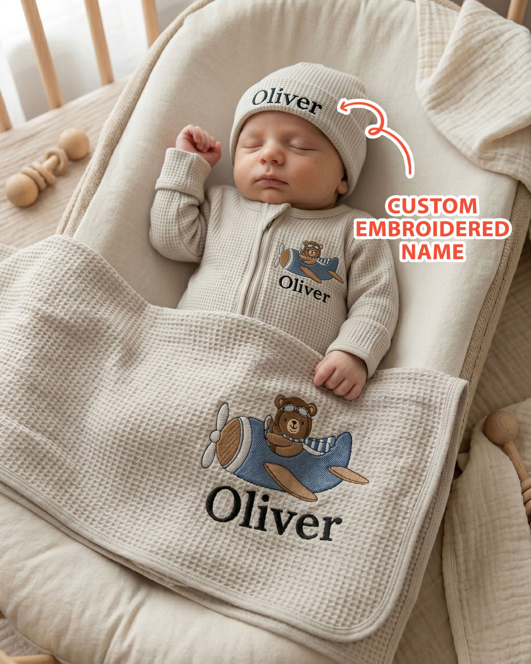 Personalized Pilot Bear Embroidered Waffle Bamboo Zipper Footie