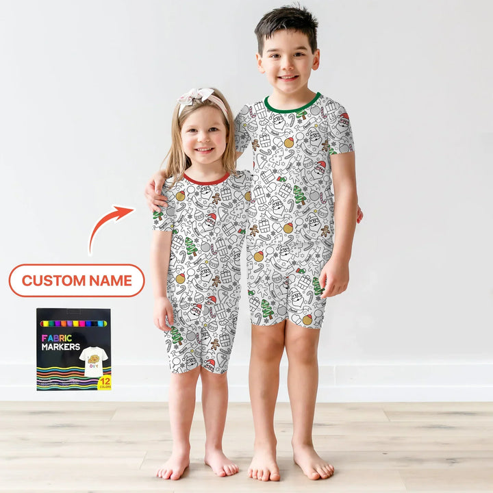 Joyful Doodle Christmas Colorable Bamboo Two Piece Short Sleeve Shorts Pajama Set