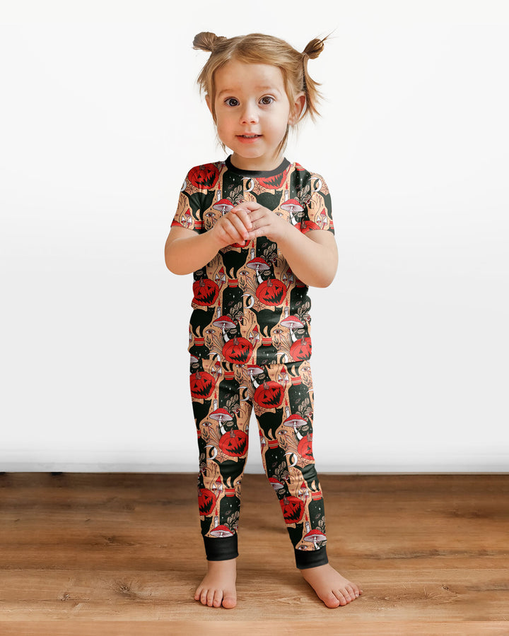 Black Cat And Pumpkin Halloween Bamboo Two Piece Short Sleeve Pajama Set