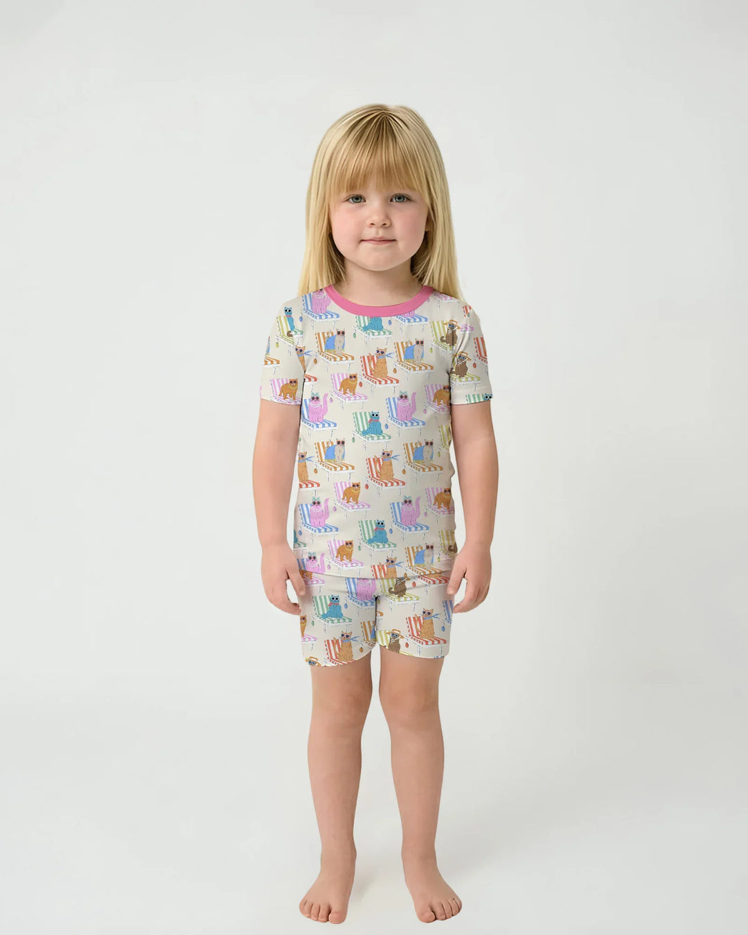 Meow Sunbathing Mommy & Me Matching Bamboo Two Piece Short Sleeve Shorts Pajama Set