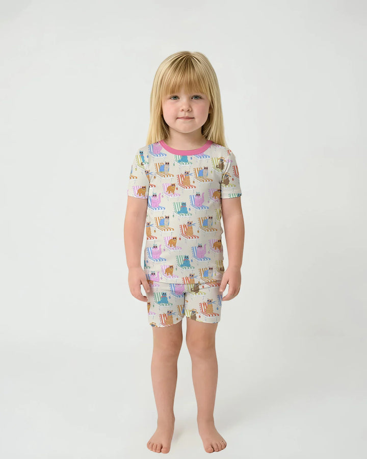 Meow Sunbathing Mommy & Me Matching Bamboo Two Piece Short Sleeve Shorts Pajama Set