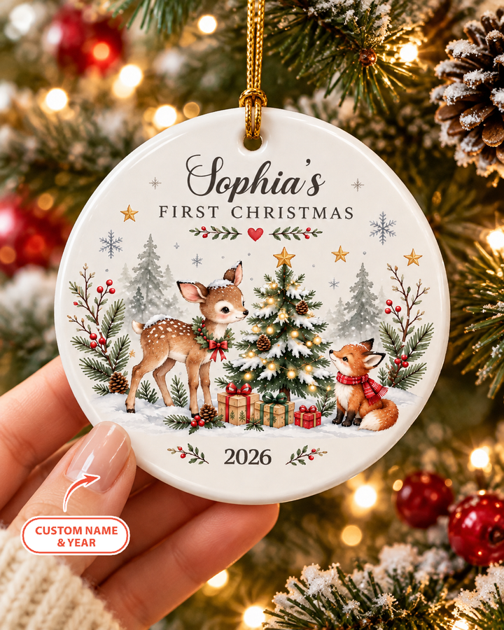 Custom Christmas Woodland First Christmas Ceramic Ornament