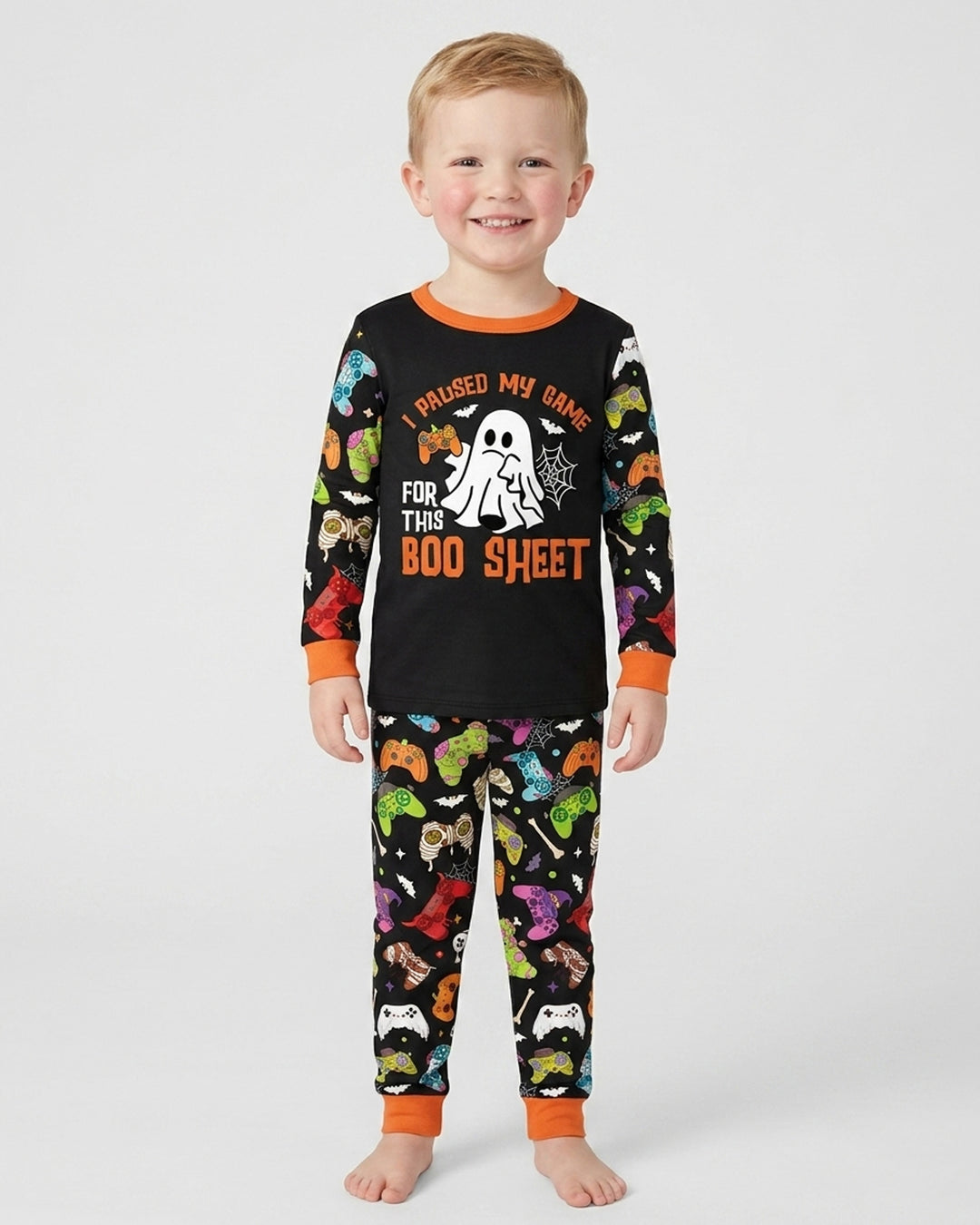 Halloween Skeleton Zombie Gaming Controllers Mummy Boys Bamboo Two Piece Long Sleeve Pajama Set