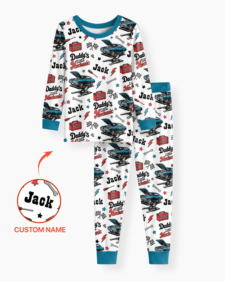 Custom Name Daddy's Little Mechanic Bamboo Two Piece Long Sleeve Pajama Set
