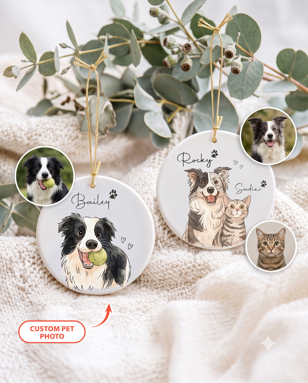 Custom Watercolor Pet Photo Christmas Stripe Ceramic Ornament
