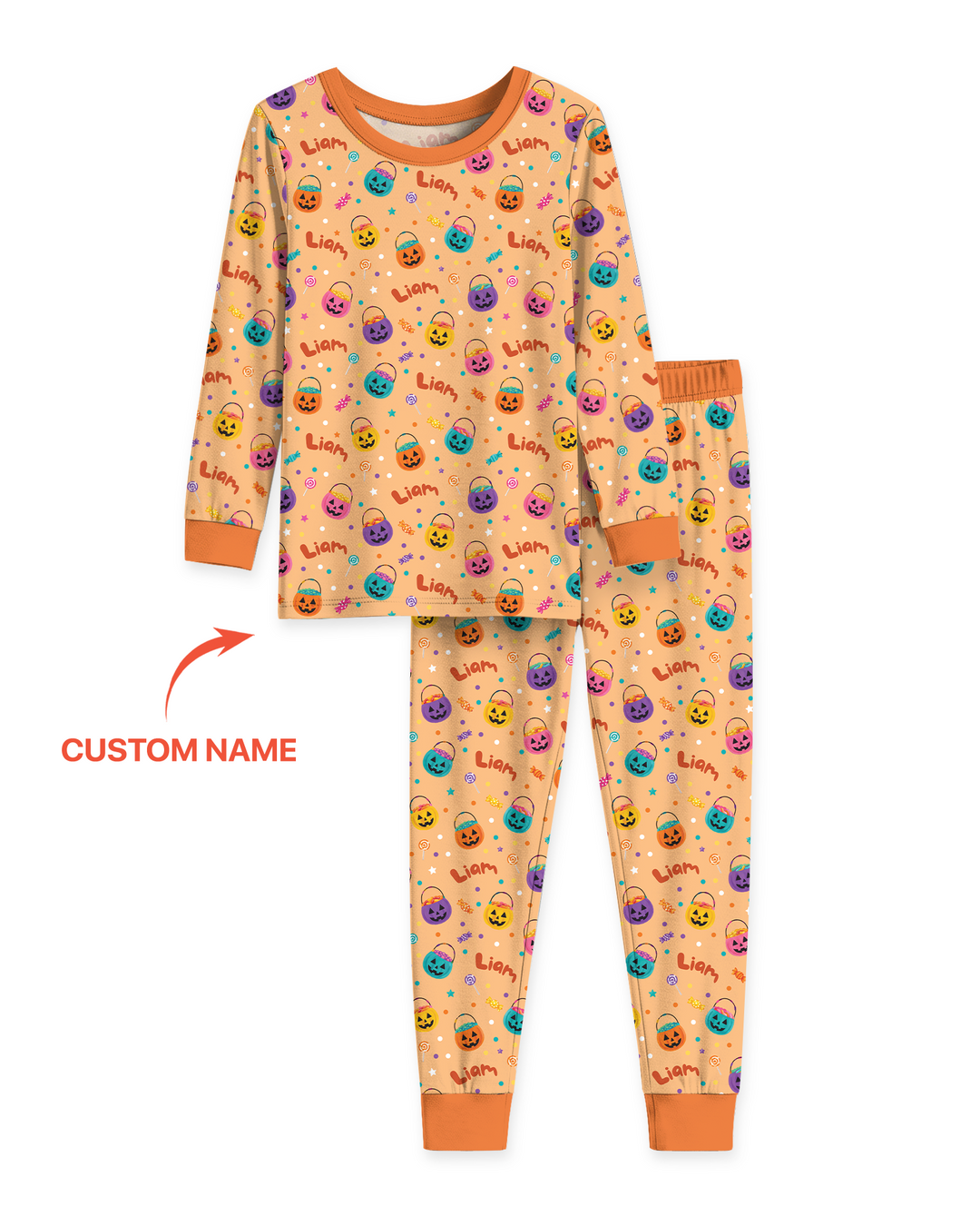 Custom Colorful Trick Or Treat Halloween Candy Bag Bamboo Two Piece Long Sleeve Pajama Set