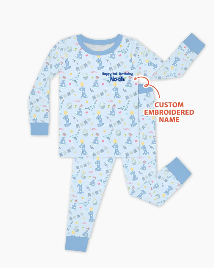 Personalized 1st Birthday Boy Embroidered Baby Bamboo Two Piece Long Sleeve Pajama Set