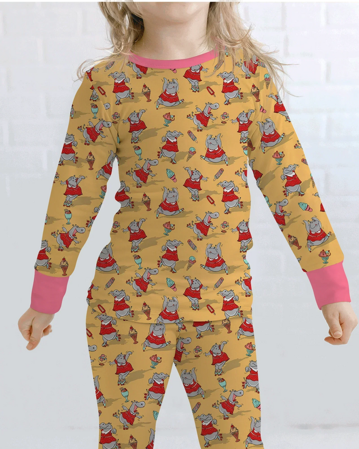 Dancing Hippo Treats Bamboo Two Piece Long Sleeve Pajama Set