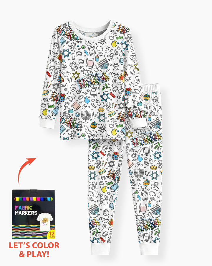 Happy Hanukkah Colorable Bamboo Two Piece Long Sleeve Pajama Set