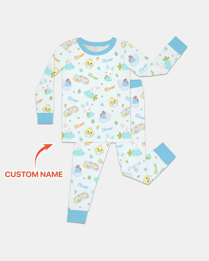 Custom name Happy Easter Bamboo Two Piece Long Sleeve Pajama Set
