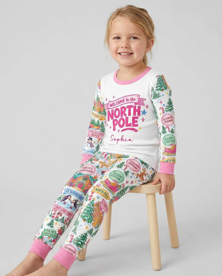 Welcome to North Pole Custom Name Bamboo Two Piece Long Sleeve Pajama Set