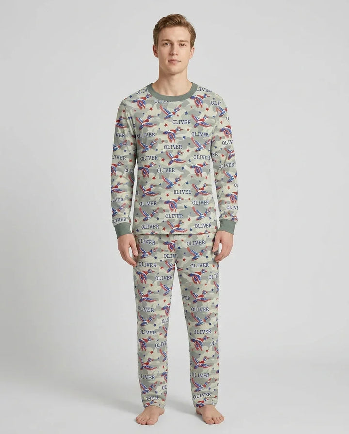 Custom Name America Mallard Duck Family Matching Bamboo Men's Pajama Set