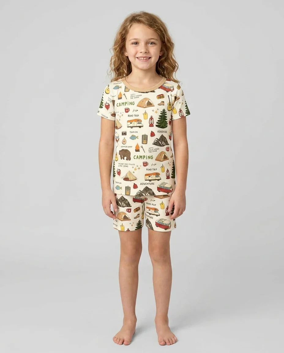 Outdoor Camping Adventure Family Matching Bamboo Two Piece Short Sleeve Shorts Pajama Set