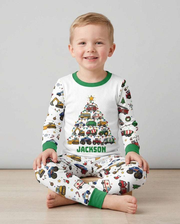 Custom Name Little Trucks Christmas Tree Bamboo Two Piece Long Sleeve Pajama Set
