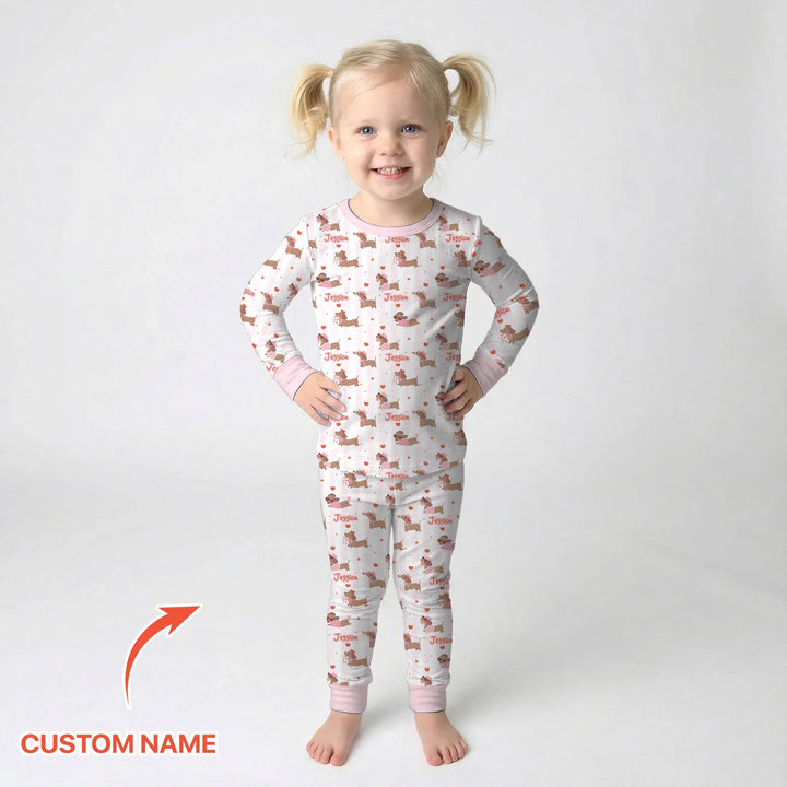 Custom Name Valentine Dachshund Family Matching Bamboo Two Piece Long Sleeve Pajama Set