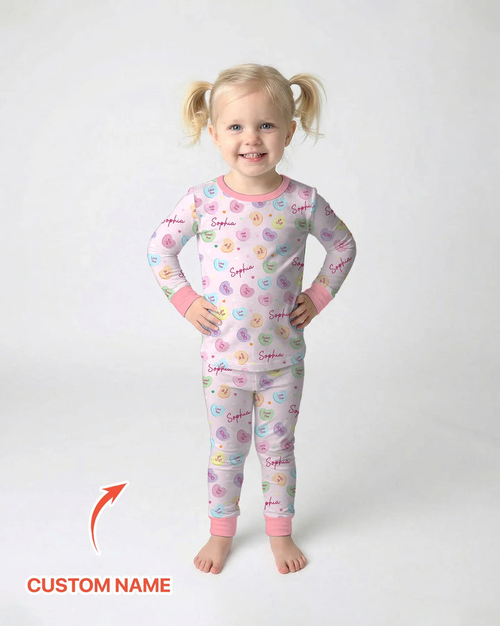Custom Name Colorful Candy Hearts Family Matching Bamboo Two Piece Long Sleeve Pajama Set