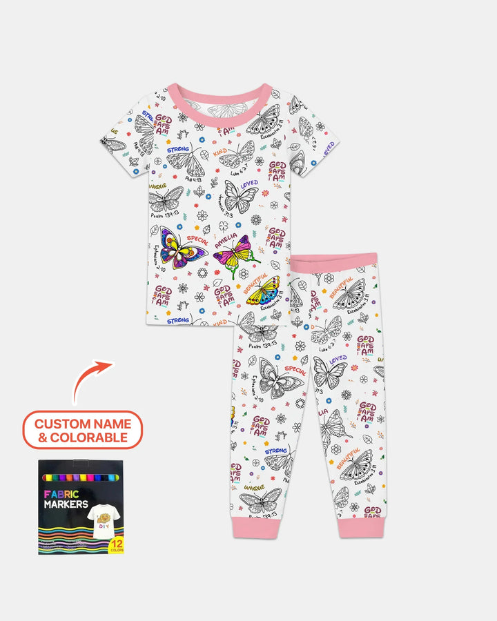 Colorable Custom Name God Says I Am Butterfly Bamboo Two Piece Short Sleeve Pajama Set