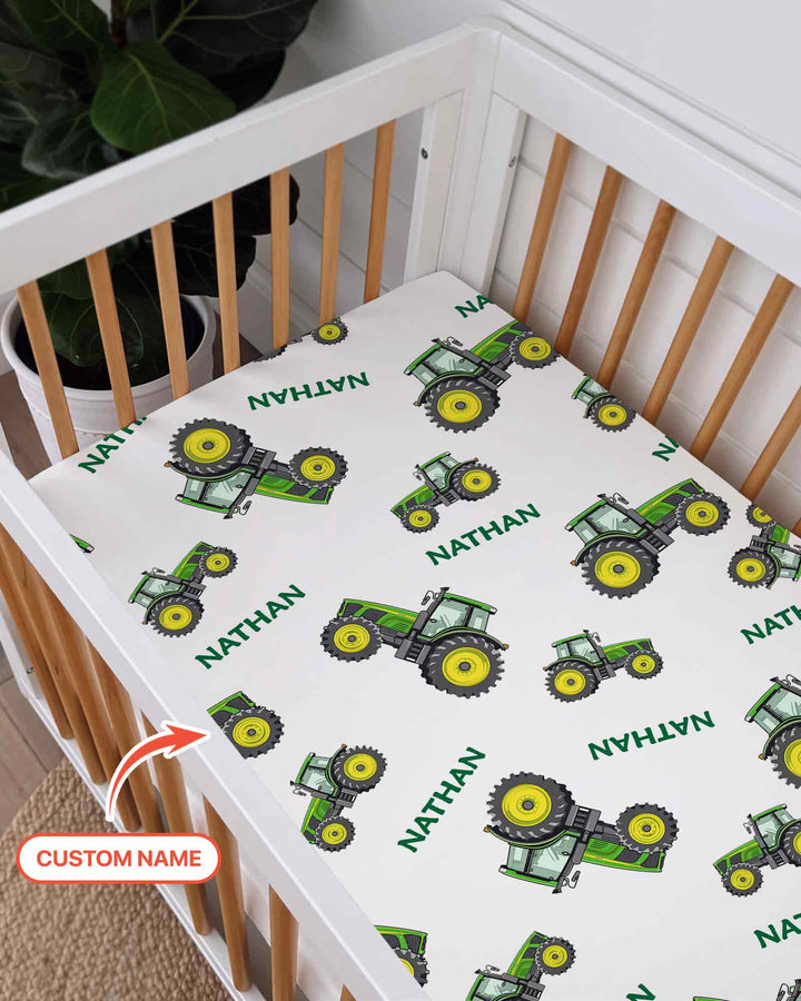 Custom Name Green Tractors Matching Daddy & Me Bamboo Fitted Crib Sheet