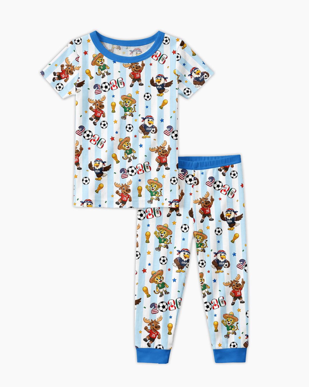 Striped Cute Mascots Soccer Cup 2026 Bamboo Two Piece Short Sleeve Pajama Set