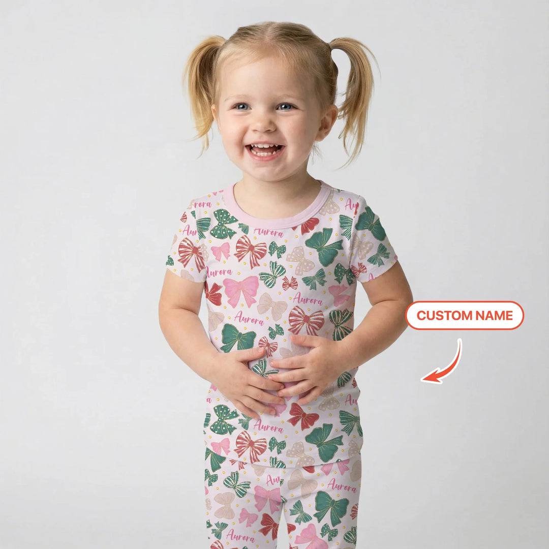 Custom Name Preppy Coquette Bows Bamboo Two Piece Short Sleeve Pajama Set